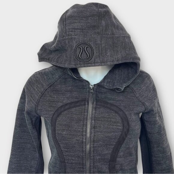 LULULEMON Scuba Hoodie Heathered Grey Black Fleece Lined Thumbholes Size 4 - Picture 5 of 9